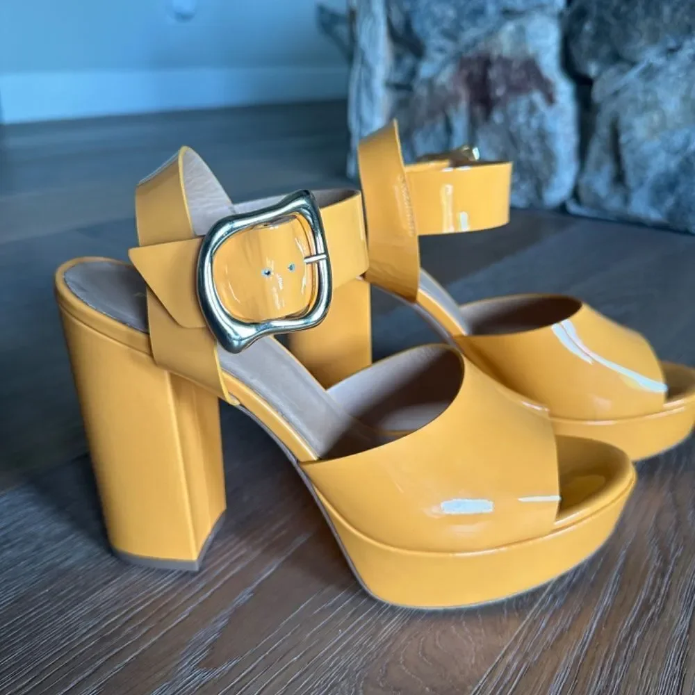 FRAME Le Carr Platform Sandal Nectarine Patent Peep Toe Heel Size 9 NEW